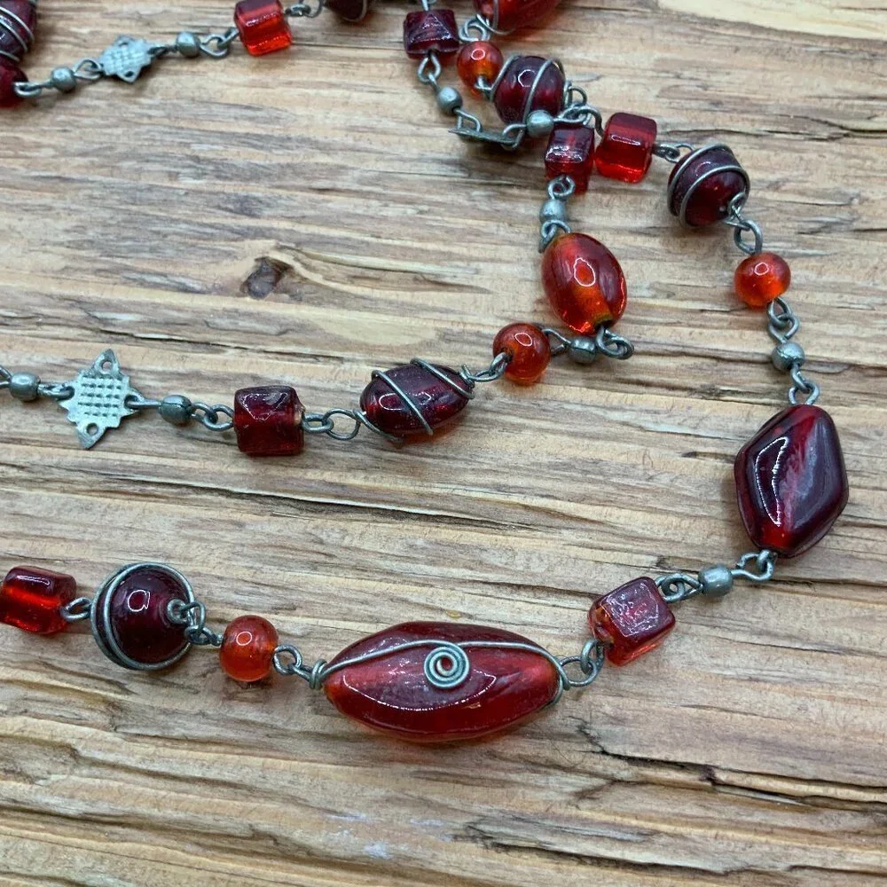 Handcrafted Vintage Style Boho Red Glass Beaded Metal Accent Long Necklace